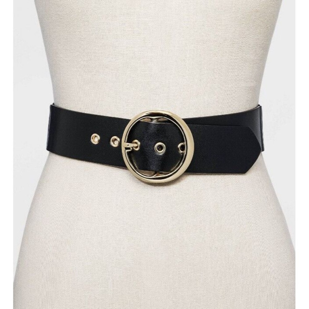 Black Leather Belt Women’s Size Large - Black With Gold Round Buckle A New Day